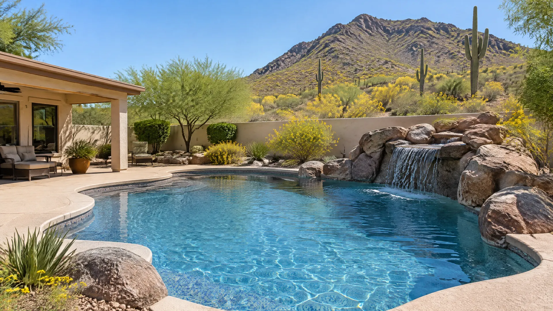 Freeform pool with a rock waterfall at a 1980s Phoenix home on a large lot near a desert mountain preserve, resurfaced in a blue pebble finish, saguaro and brittlebush on the hillside beyond the wall