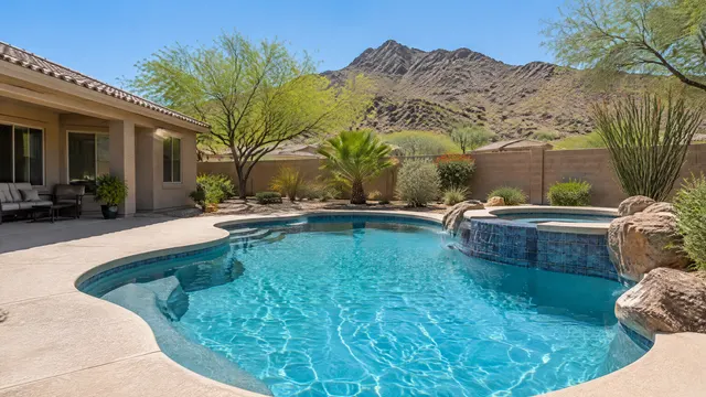 Backyard pool at a single-story home in Mountain Park Ranch, Ahwatukee, Phoenix: freeform pool with new tile and plaster, a small spa, desert trees, and the ridge of South Mountain rising behind the yard