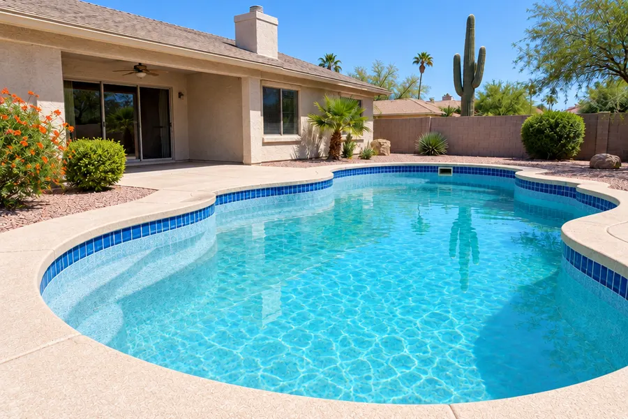 The same Phoenix backyard pool after resurfacing with the same shape, steps, wall and home: smooth new light blue quartz finish, new glossy blue waterline tile, cleaned coping, sparkling clear turquoise water