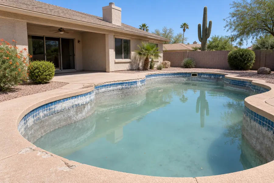 Backyard pool at a 1980s single-story Phoenix stucco home before resurfacing: stained, rough gray plaster, white calcium crust on blue tile, chipped tan coping, cloudy pale water, desert landscaping and block wall