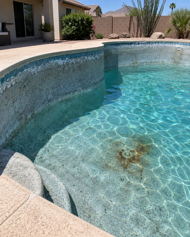 Worn residential pool surface in Phoenix before resurfacing: rough etched gray plaster, brown stains near the drain, white calcium scale along a faded tile line, clear water, viewed from the deck