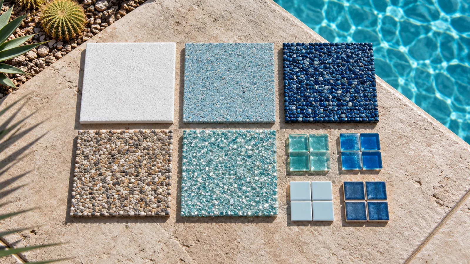 Pool finish samples laid out on a stone pool deck: small square boards of white plaster, light blue quartz, dark blue pebble, tan pebble and glass bead finishes, plus a few glass and porcelain tile chips, top-down view, no labels