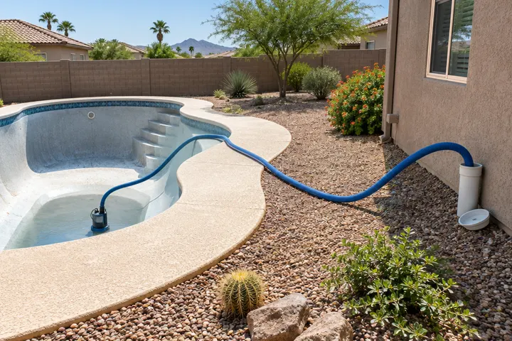Submersible pump hose running from an emptying backyard pool across a Phoenix yard to an open sewer cleanout pipe near the house wall, hose tip inserted into the cleanout