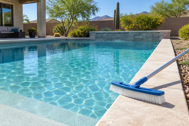 Pool brush with a long pole resting on the coping of a freshly filled pool with new light plaster, clear water, morning light