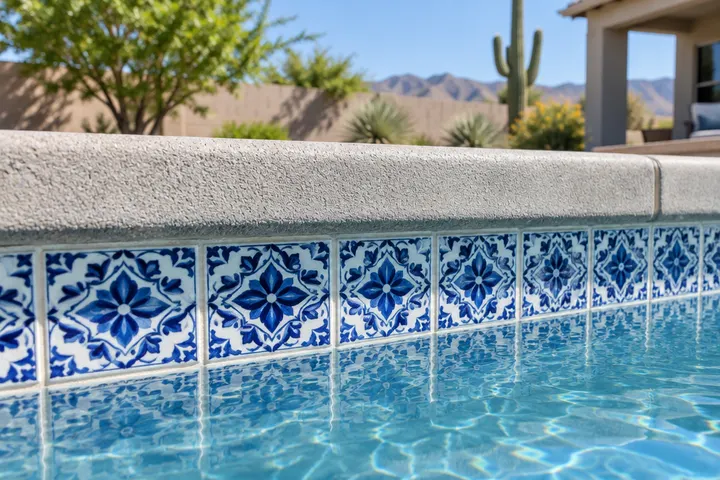 Close-up of new blue and white porcelain waterline tile with crisp grout lines just under concrete coping on a pool, dry and clean
