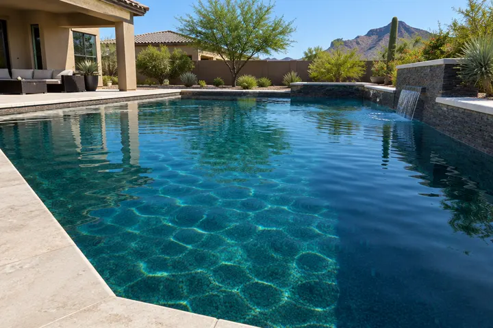 Pool water looking deep blue-green over a dark pebble finish, seen from the deck edge