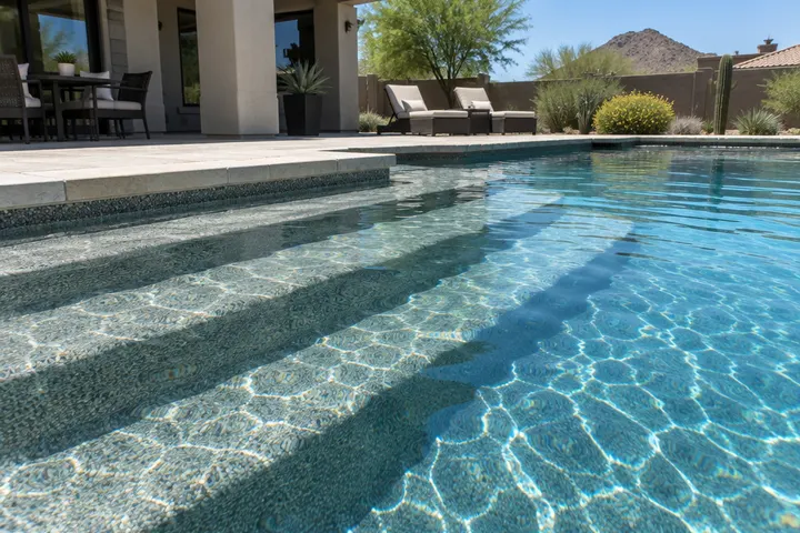 Wide entry steps of a pool with a gray pebble finish under clear water, sunlight caustics