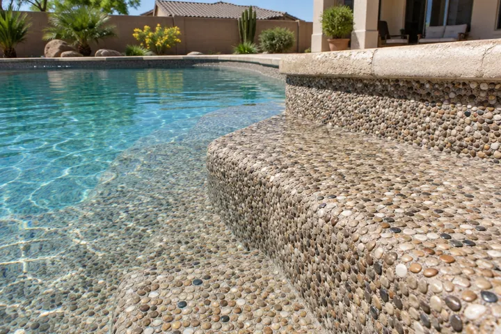 Close-up of a dry tan and brown pebble pool finish surface on pool steps, natural rounded stones