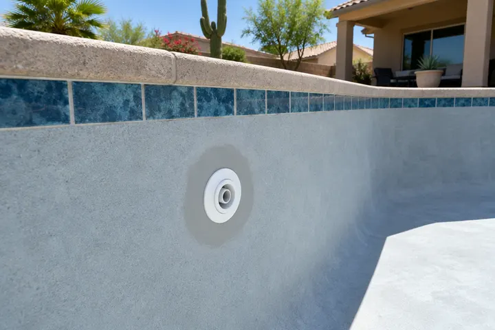 Pool return jet fitting on a freshly patched empty pool wall, neat smooth plaster around the fitting
