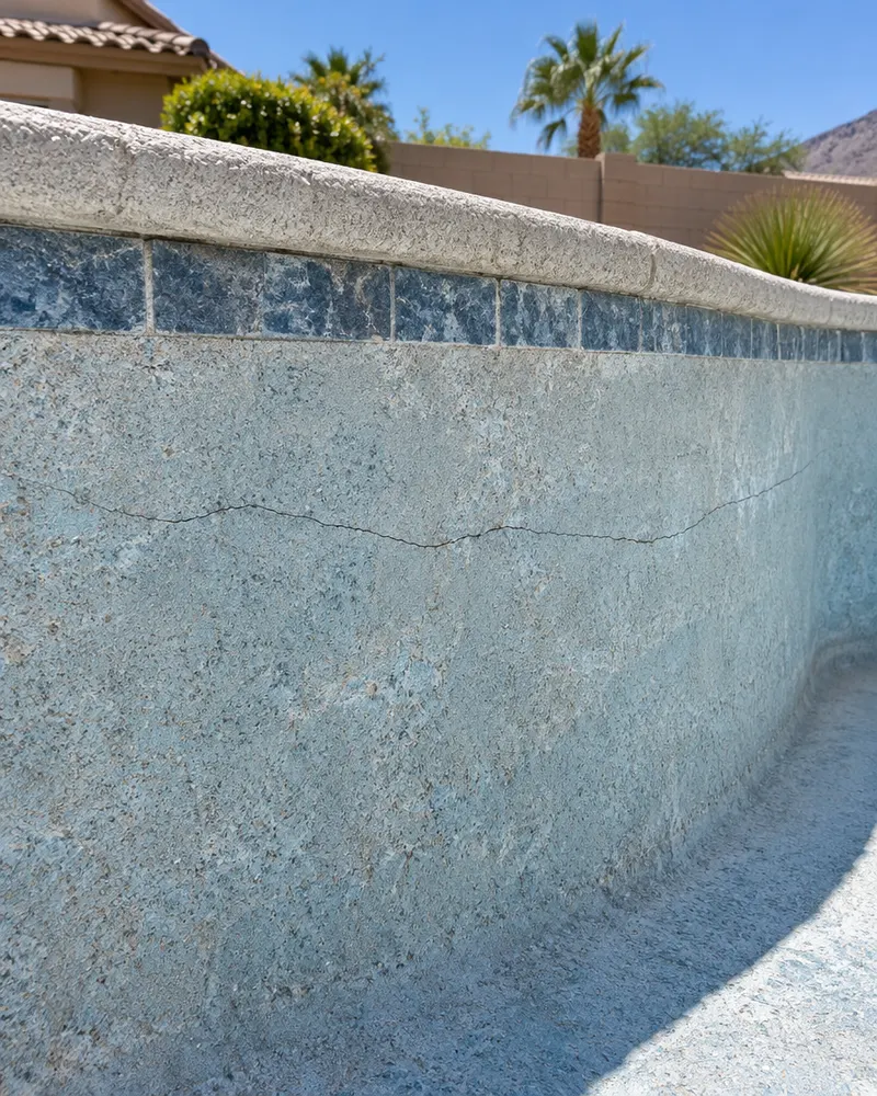 Thin hairline crack running across old pool plaster on an empty pool wall, close view