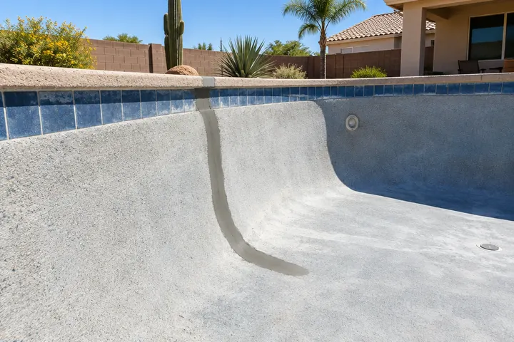 Pool shell crack cut out into a clean channel and filled with fresh gray hydraulic repair mortar, empty pool