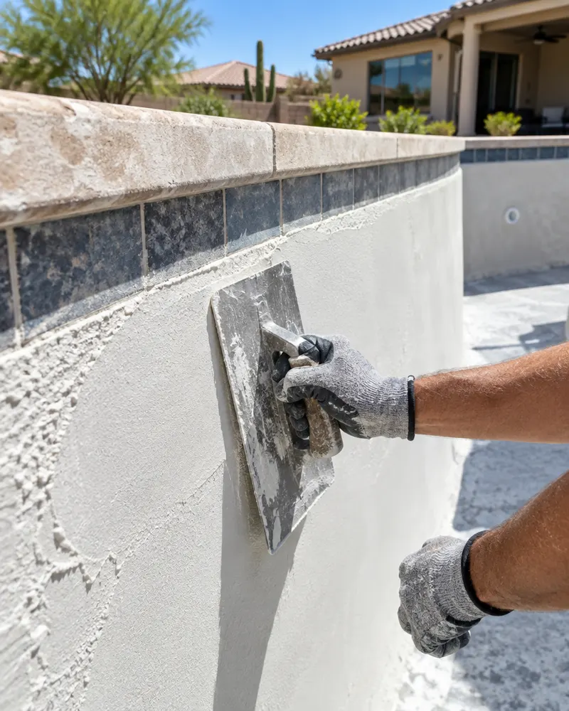 Gloved hands holding a steel pool trowel smoothing fresh white plaster on a curved pool wall, close crop, no face