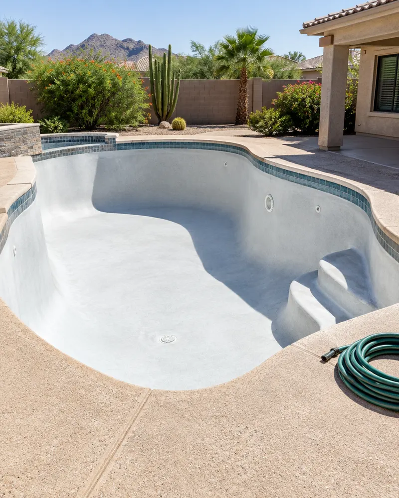 Empty pool with a freshly acid-washed surface, the old plaster now brighter and cleaner, water hose coiled on the deck