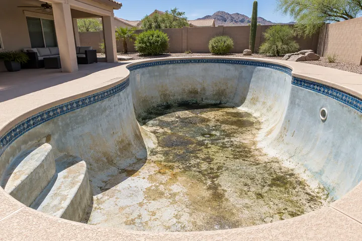 Empty pool floor showing dark algae and mineral stains on old plaster before cleaning