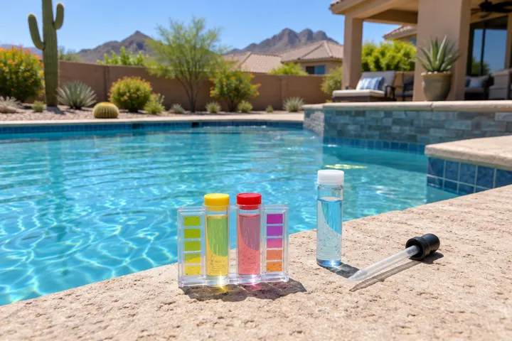 Pool water test kit with small vials of tinted water and a dropper set on pool coping, no labels or text