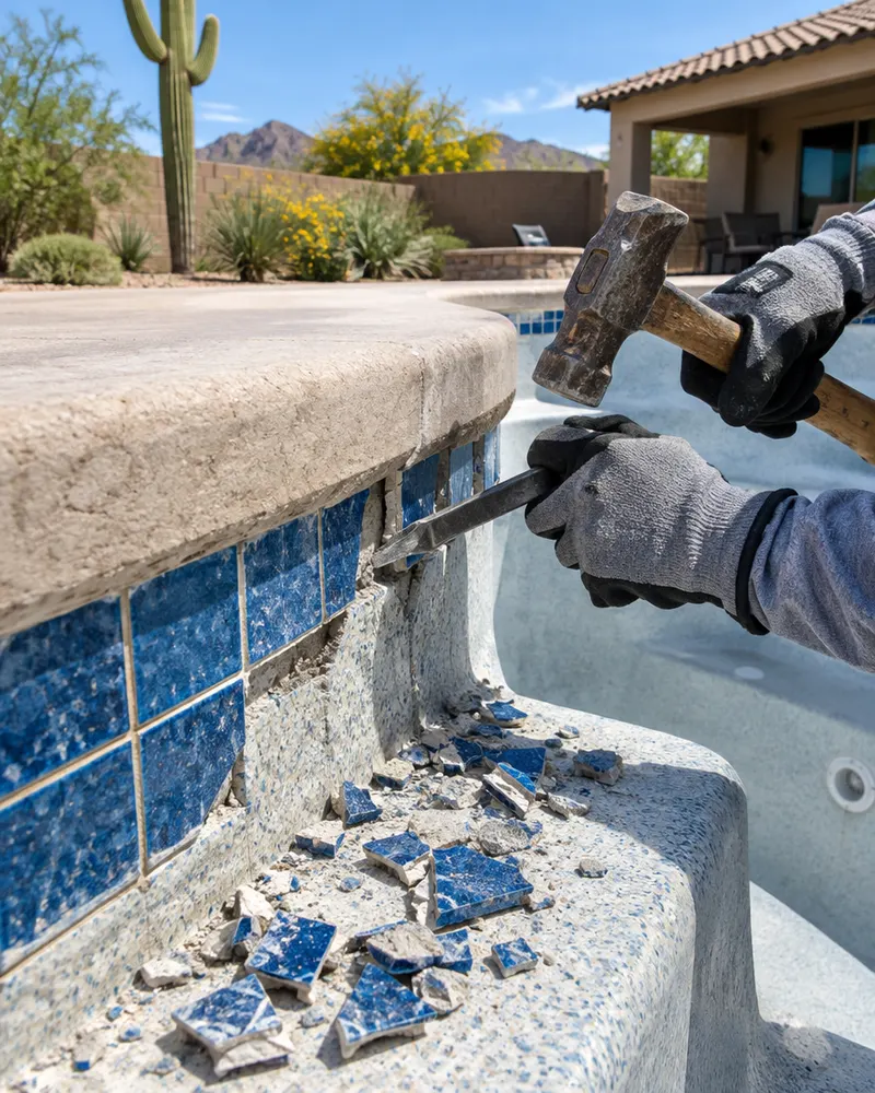 Old pool waterline tile being removed with a hammer and chisel, broken blue tile pieces on the empty pool step, gloved hands only