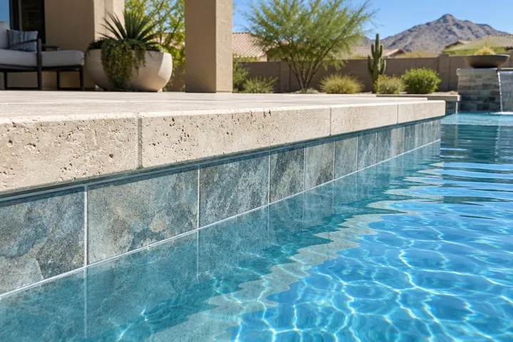 New 6-inch porcelain pool tile with a stone look set along a pool wall under travertine coping
