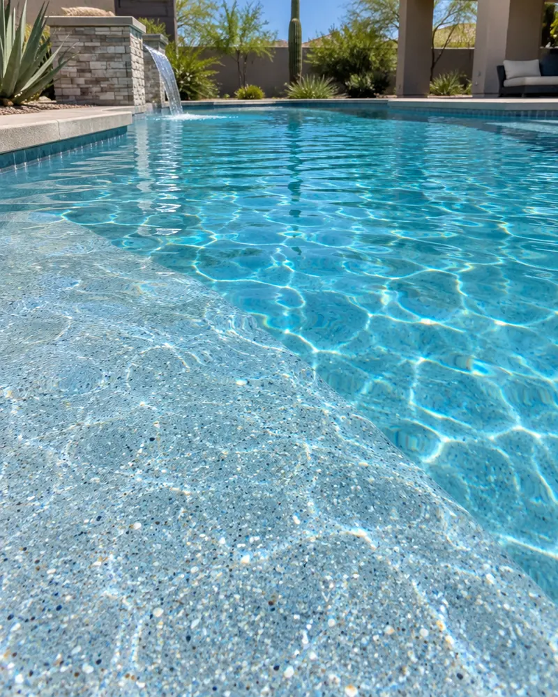 Close-up of a light blue quartz pool plaster surface with fine sparkling aggregate, under shallow clear water