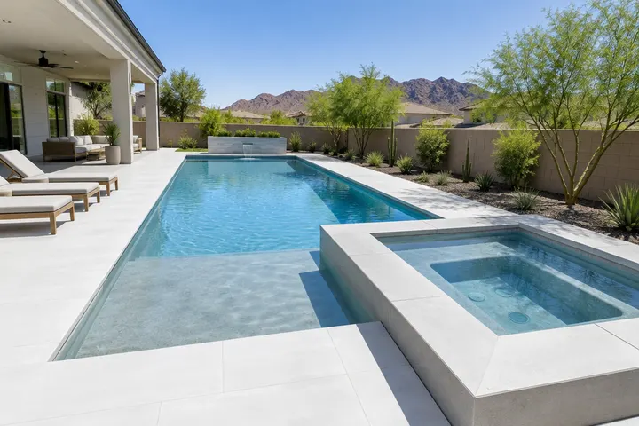 Modern rectangular pool with a light gray polished finish, a straight-edged spa, and white porcelain deck tiles
