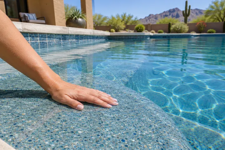 A hand resting flat on a smooth polished pool finish near the steps, close crop, no face